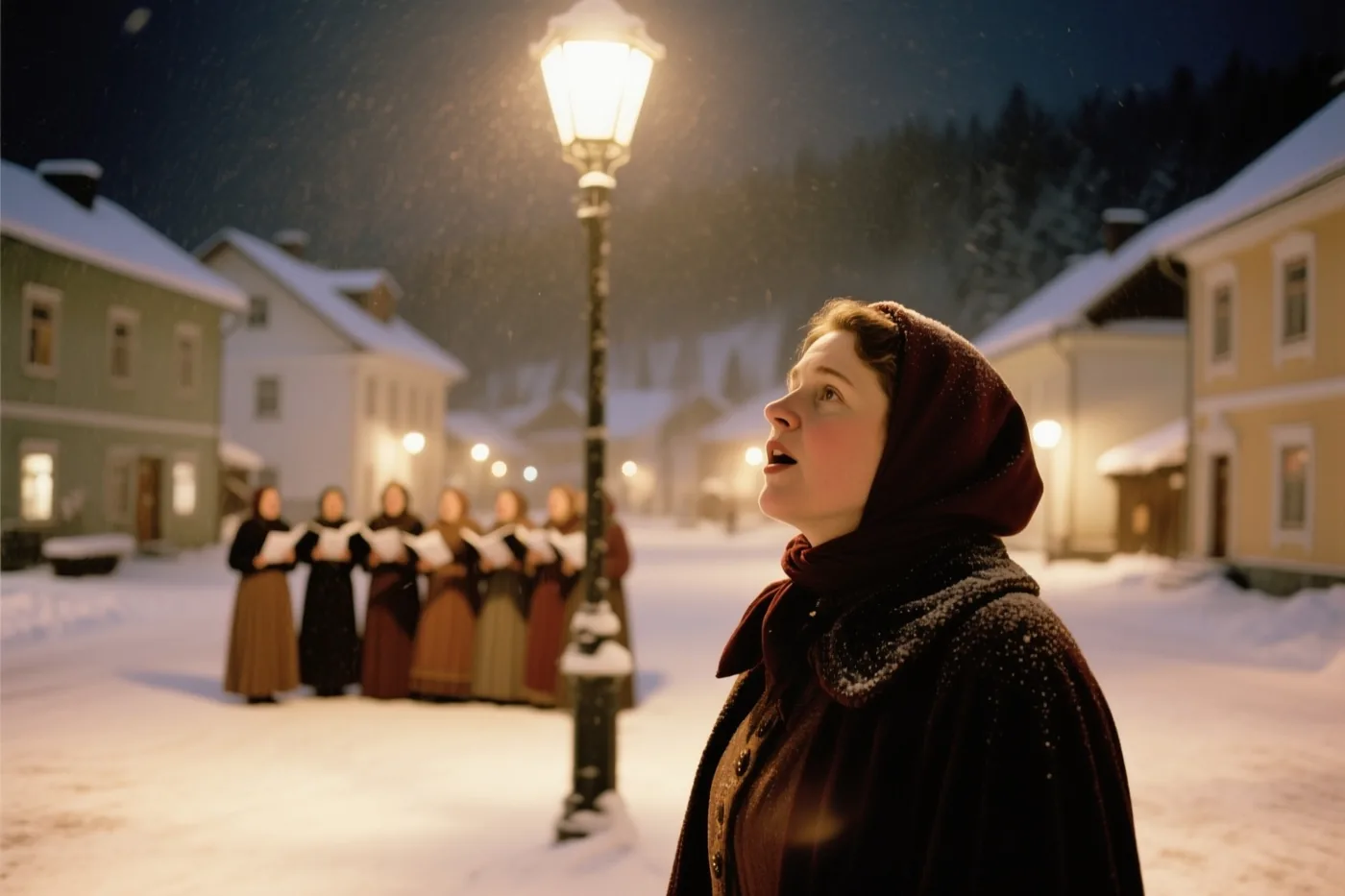 Een vrouw in een donkere jas met kap kijkt op een besneeuwd dorpsplein naar een brandende straatlamp, terwijl achter haar een vrouwenkoor in traditionele kledij met zangboeken zingt onder een donkere hemel.