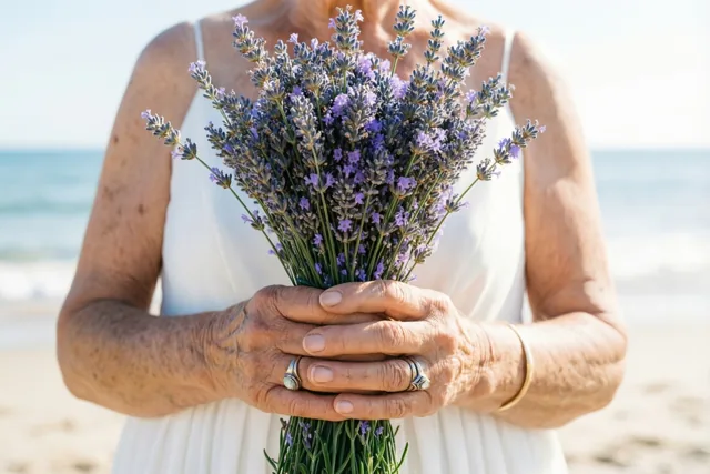Een oudere vrouw in een witte jurk met doorleefde handen en trouwringen houdt een boeket paarse lavendel vast op het strand voor een helder verlichte zee.