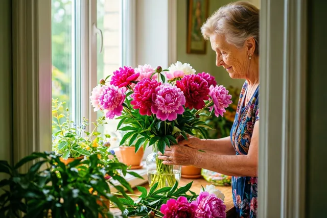 Een oudere vrouw met kort grijs haar schikt een groot boeket roze en witte pioenen in een heldere glazen vaas op een houten vensterbank in het daglicht.