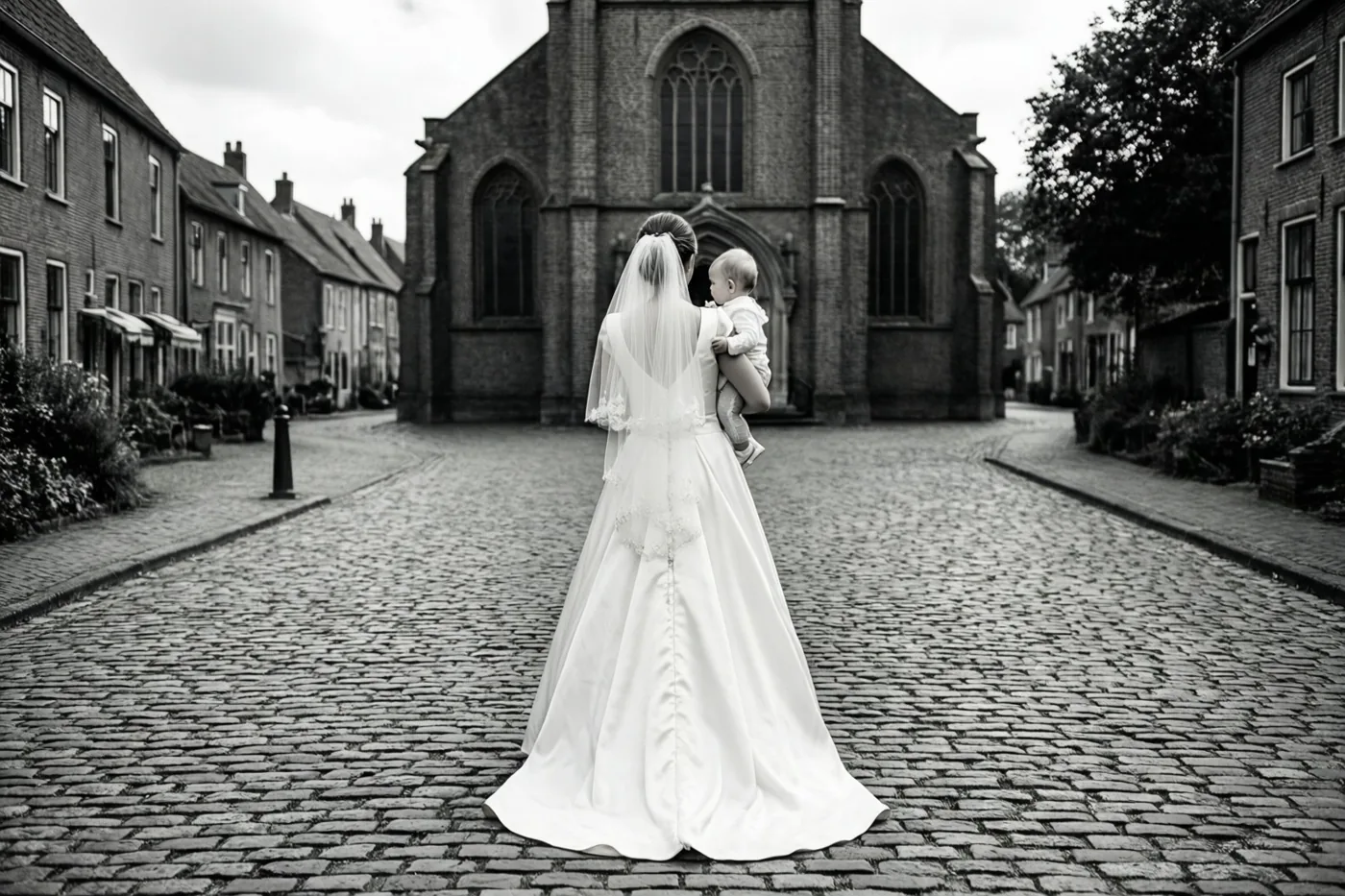 Een vrouw in een witte trouwjurk met sluier draagt een baby over een kasseistraat naar een bakstenen kerk, van achteren gefotografeerd in zwart-wit.