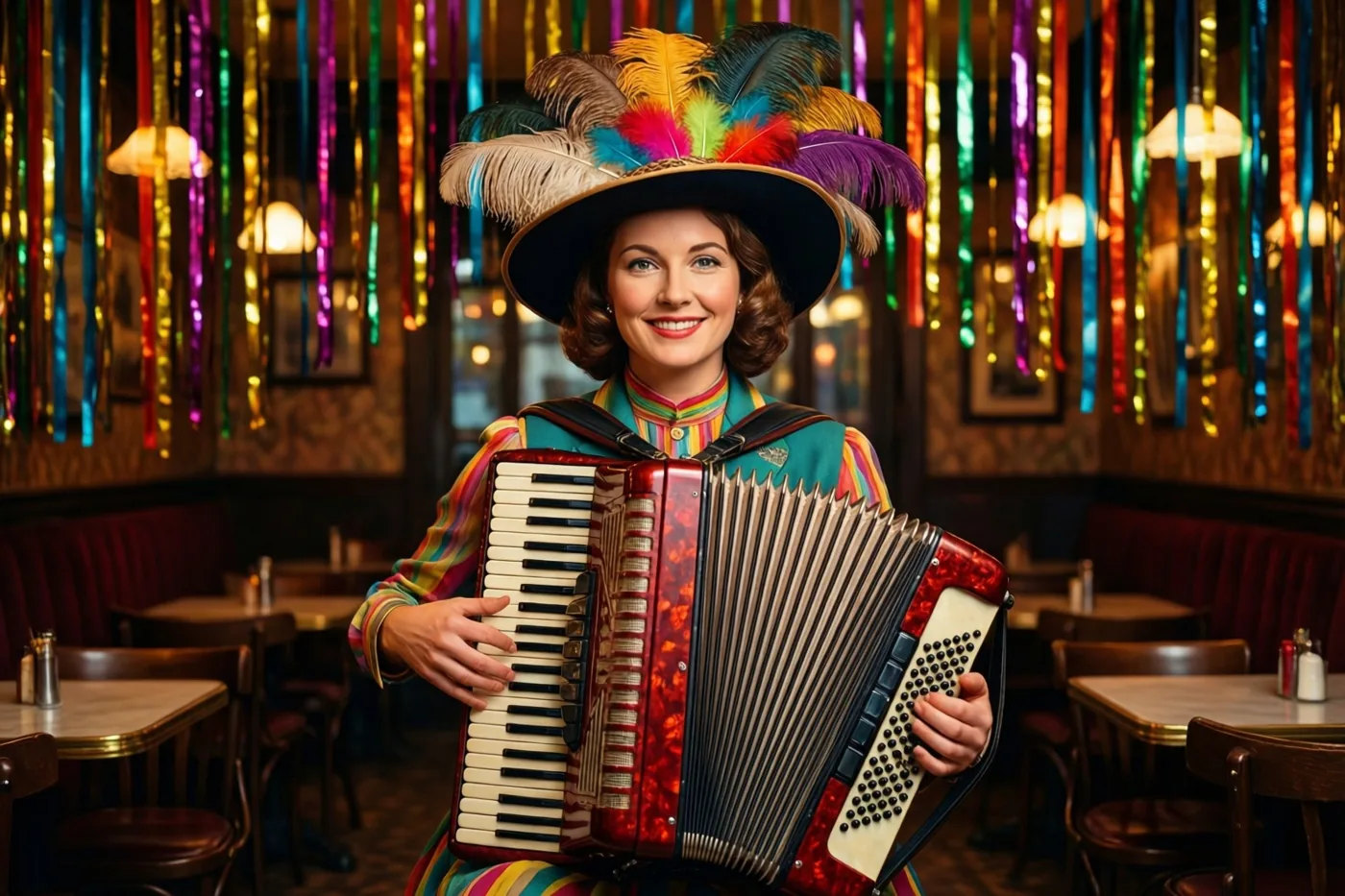 Een vrouw met een kleurrijke verenhoed en een gestreepte outfit speelt op een rode accordeon in een donker café met regenboogslingers en warm licht.