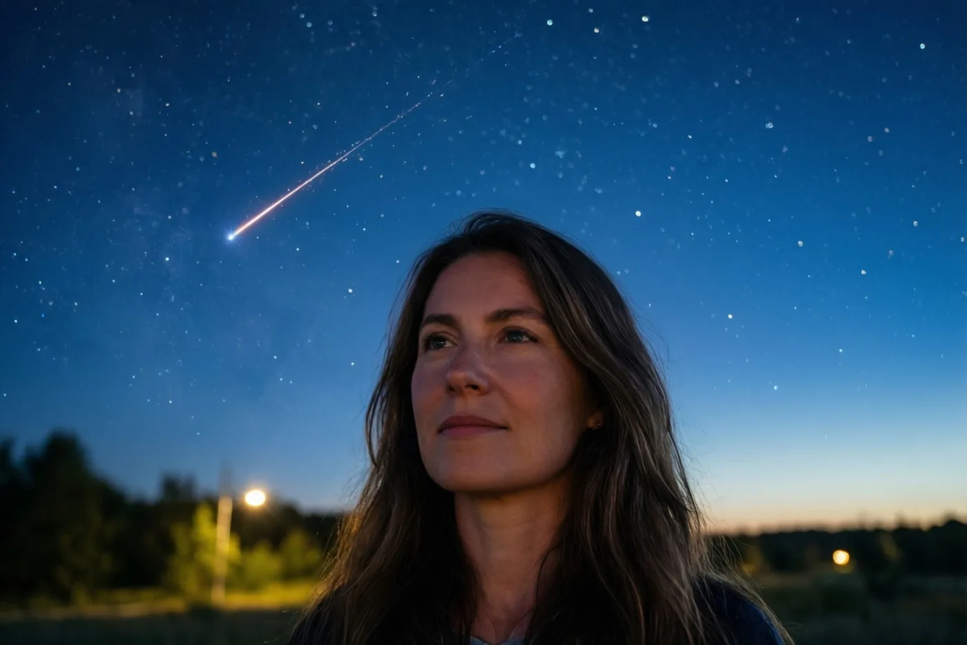 Een vrouw met lang donker haar kijkt bij schemering naar een sterrenhemel met een heldere vallende ster, met verre lichtjes en een geel-oranje gloed aan de horizon.