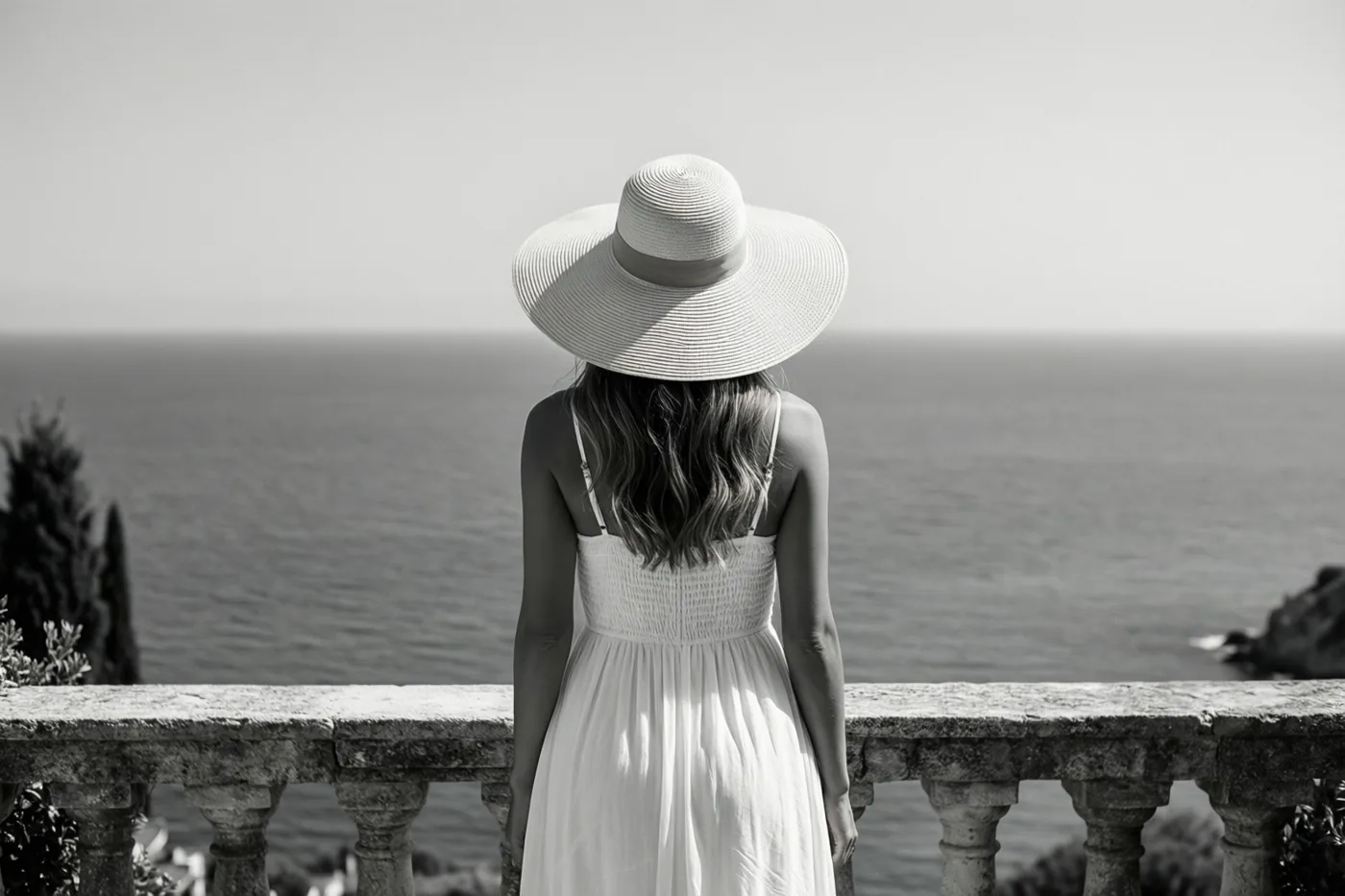 Een zwart-witfoto toont een vrouw in een witte jurk en een zonnehoed met brede rand op een stenen terras met uitzicht op zee.