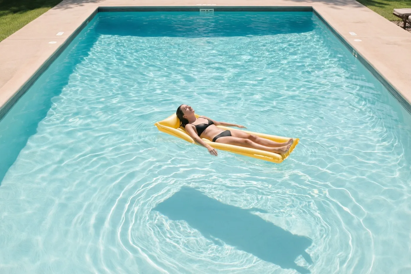 Een vrouw in een zwarte bikini drijft op een gele luchtmatras in een helderblauw buitenzwembad, van bovenaf gezien met groen gras rond het zwembadterras.