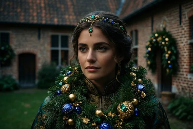 Een vrouw in rijkversierde kleding staat op een bakstenen binnenkoer met groen en feestelijke slingers met blauwe en gouden versieringen.