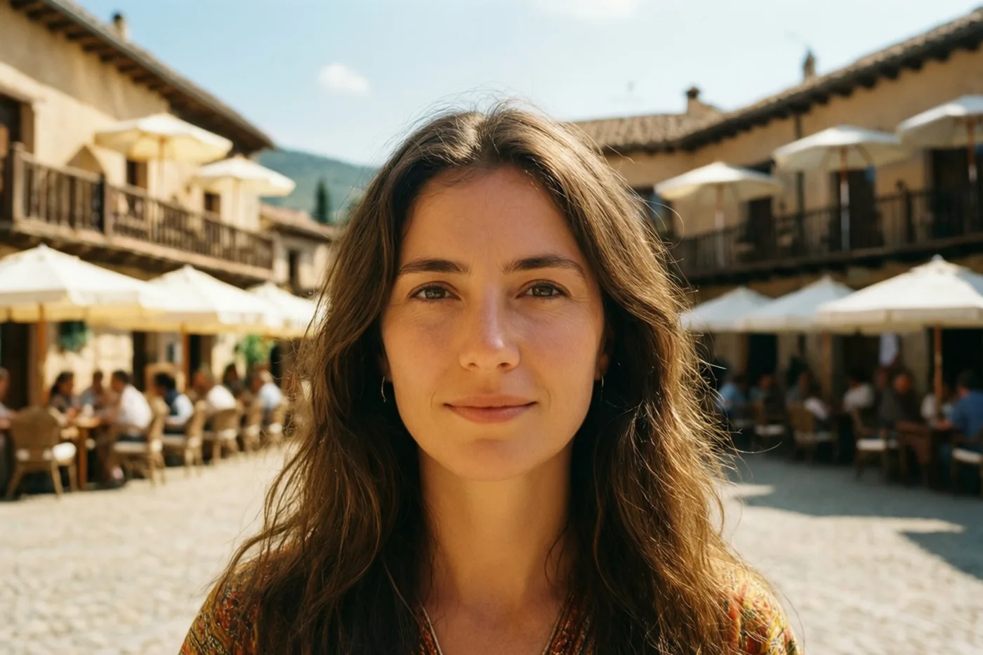 Een vrouw met lang bruin haar kijkt naar de camera op een zonnig dorpsplein, met witte terrasparasols en traditionele gebouwen onder een blauwe hemel.