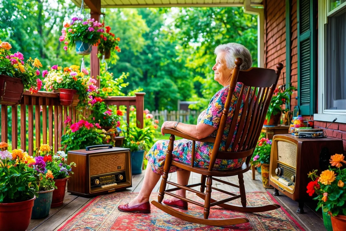 Een oudere vrouw met wit haar, een bloemenjurk en rode schoenen zit in een houten schommelstoel op een houten veranda vol potbloemen en hangbloemen, met een oude radio aan elke kant en een groene tuin op de achtergrond.