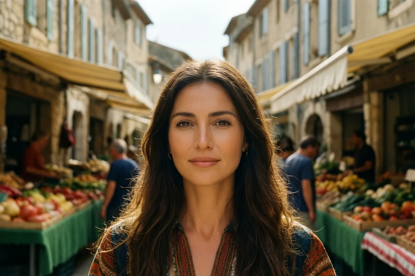 Een vrouw met lang bruin haar staat midden in een smalle Zuid-Franse marktstraat tussen kramen met verse producten onder luifels in warm zonlicht.