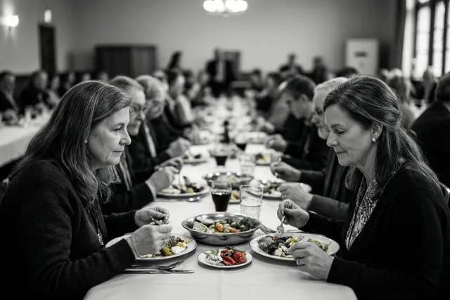 Op een zwart-witfoto eten mensen aan lange tafels in een gemeenschapszaal, met twee vrouwen scherp in beeld op de voorgrond en anderen wazig op de achtergrond.