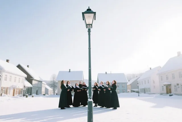 Een vrouwenkoor in zwarte gewaden zingt op een besneeuwd dorpsplein onder een hoge groene straatlamp, van onderaf gezien met besneeuwde huizen en een lichtblauwe hemel op de achtergrond.