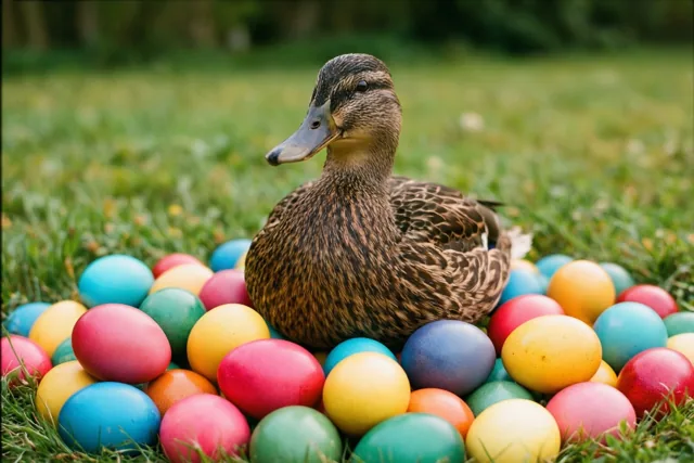 Een vrouwtjeseend zit in een grasveld tussen een grote hoop fel beschilderde paaseieren, in natuurlijk daglicht tegen een onscherpe achtergrond.