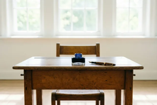 Een oude houten schoolbank met een inktpot en een vulpen staat voor een raam in zacht daglicht.