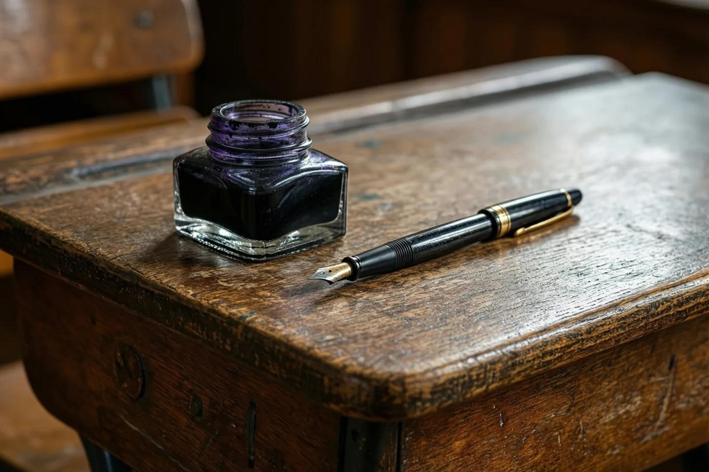 Een oude vulpen en een glazen inktpot liggen op een versleten, donker houten schoolbank in rijke bruine en dieppaarse tinten.