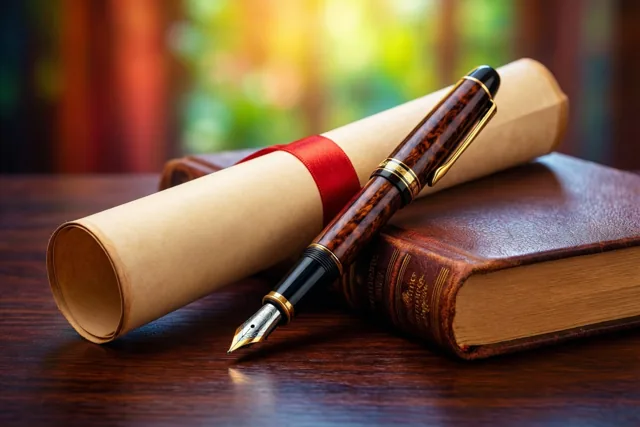 Een vulpen met een houtpatroon ligt op een leren boek en een opgerold diploma met een rood lint, op donker notenhout tegen een onscherpe groene en gele achtergrond.