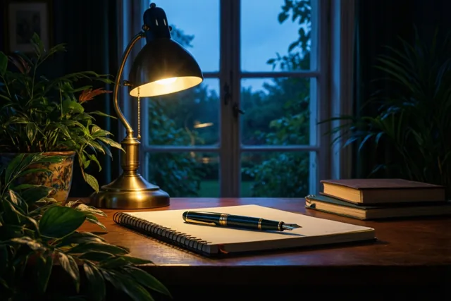Een vulpen en een notitieboek met spiraalbinding liggen op een houten bureau onder een brandende bureaulamp, met groen buiten het raam in de schemering.