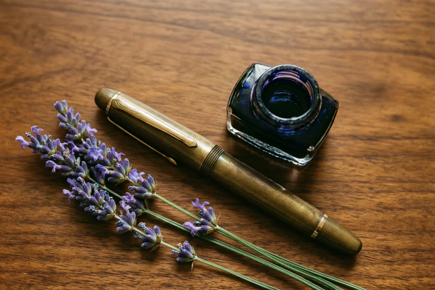 Een messing vulpen en een klein glazen inktflesje liggen naast een takje lavendel op een gepolijst notenhouten bureau.