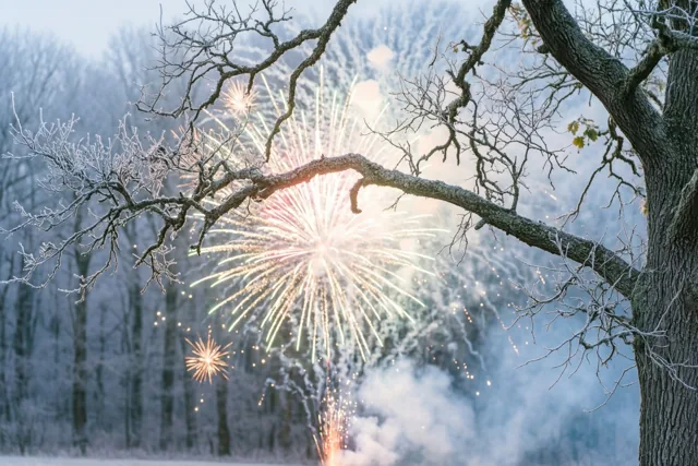 Vuurwerk barst los achter kale, berijpte eikentakken in een besneeuwd bos met koele blauwe en witte tinten.