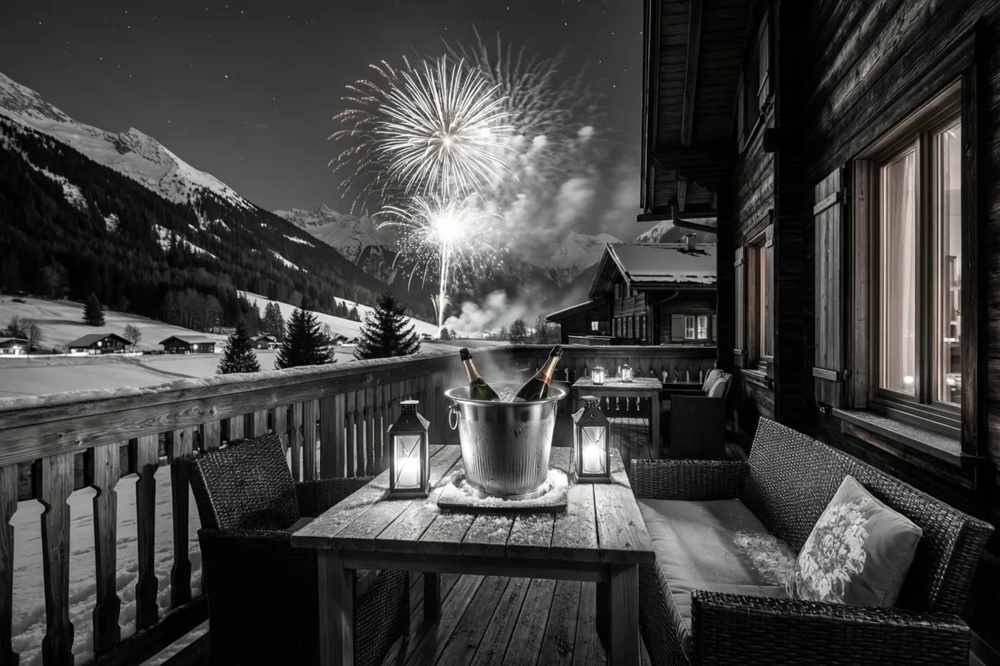 Op een besneeuwd chaletterras staat een houten tafel met lantaarns en champagneflessen in een ijsemmer, terwijl vuurwerk boven het dal de sterrenhemel verlicht.