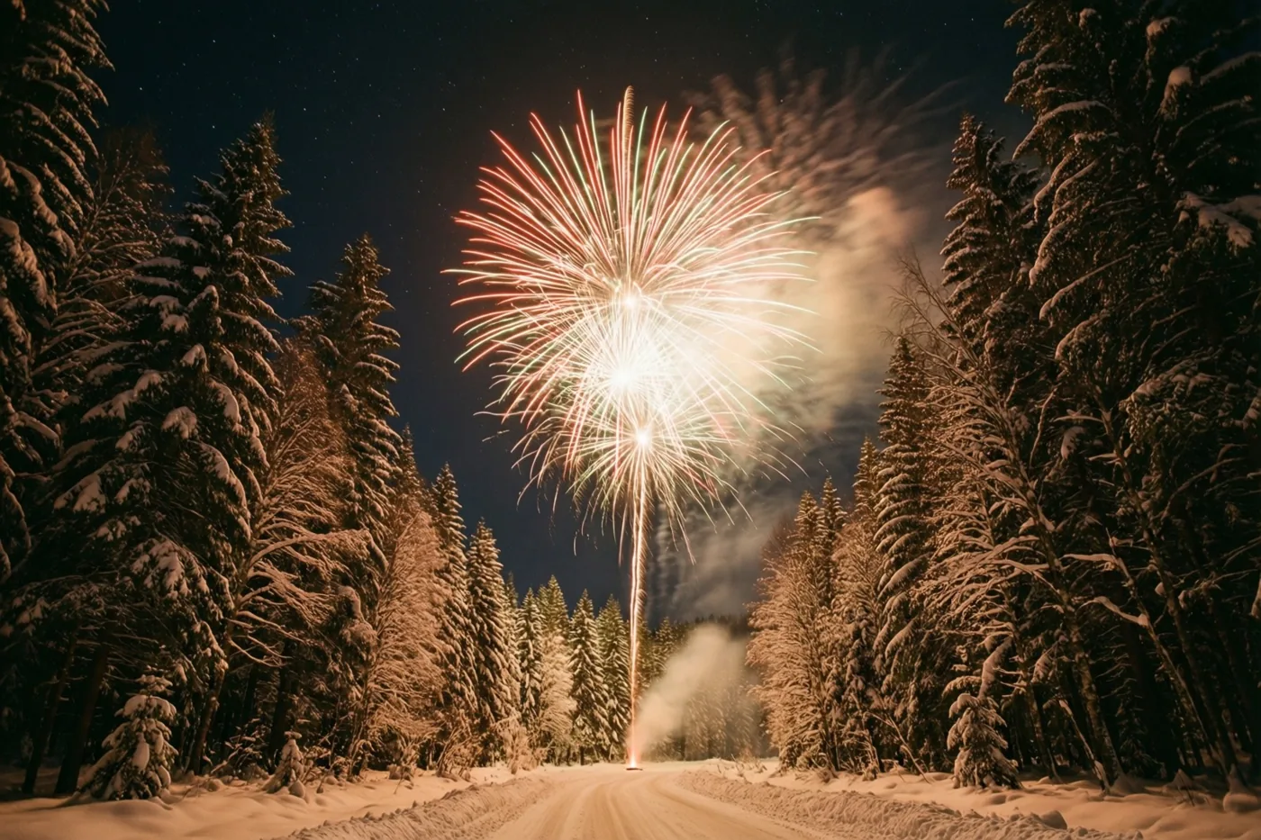 Kleurrijk vuurwerk verlicht een besneeuwde bosweg tussen groenblijvende bomen vol sneeuw onder een nachtelijke sterrenhemel.