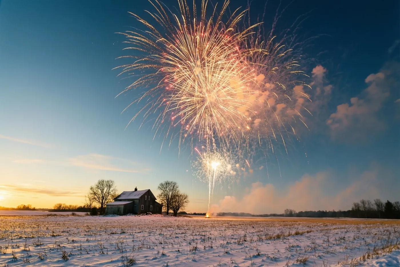 Een grote vuurwerkuitbarsting verlicht de schemerlucht boven een besneeuwd veld, met een afgelegen boerderij in de verte.