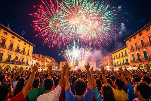 Een grote menigte op een nachtelijk stadsplein heft de armen naar kleurrijk vuurwerk, omringd door gebouwen in warme tinten.