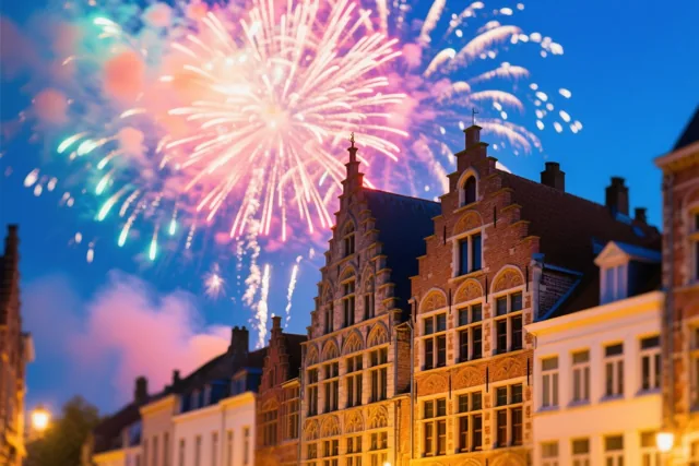 Roze, wit en blauwgroen vuurwerk verlicht de historische gebouwen aan de Graslei in Gent onder een schemerhemel met warme straatverlichting.