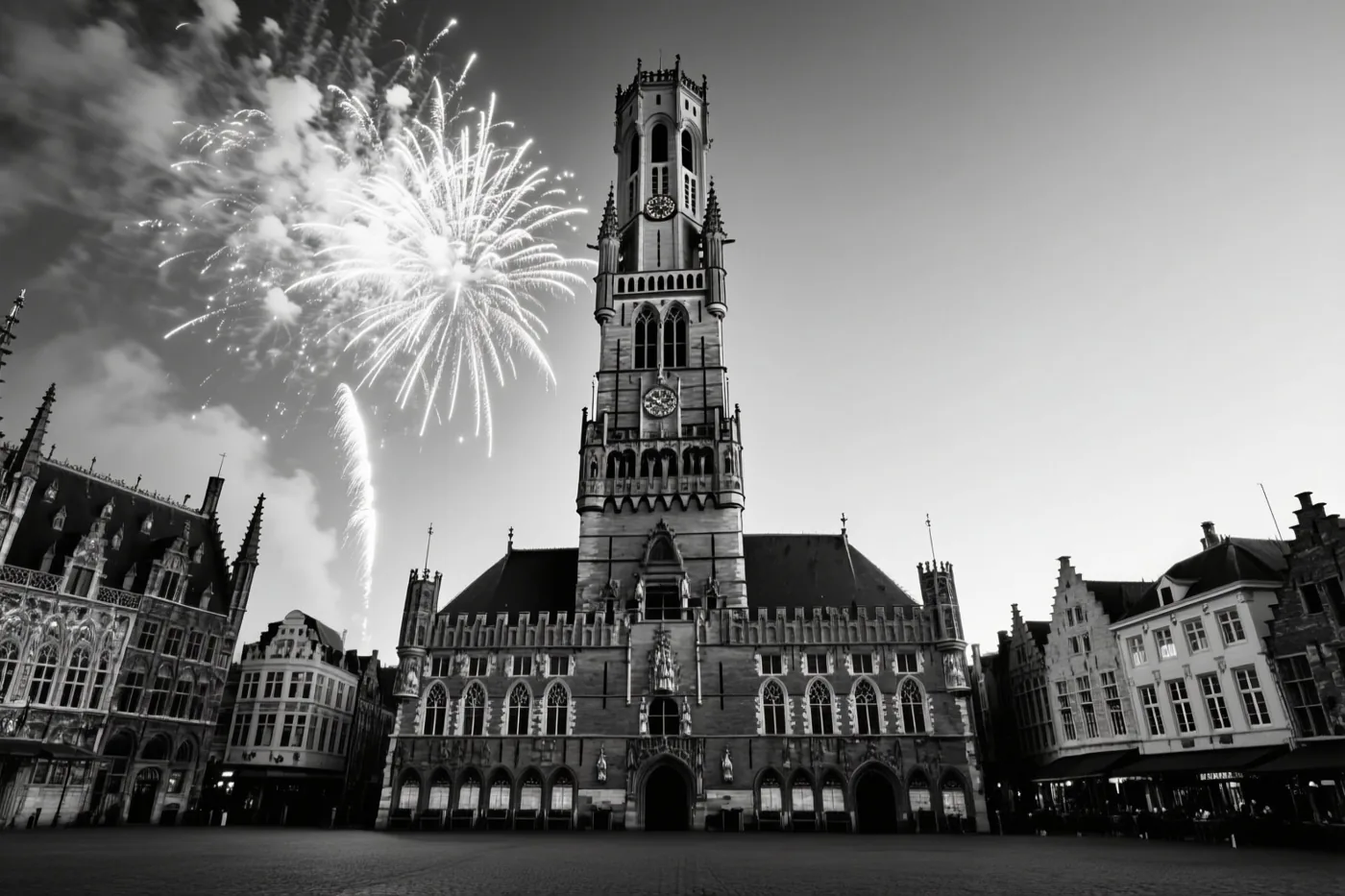 Een zwart-witfoto toont vuurwerk boven een groot gotisch stadhuis op een Vlaams marktplein bij nacht.