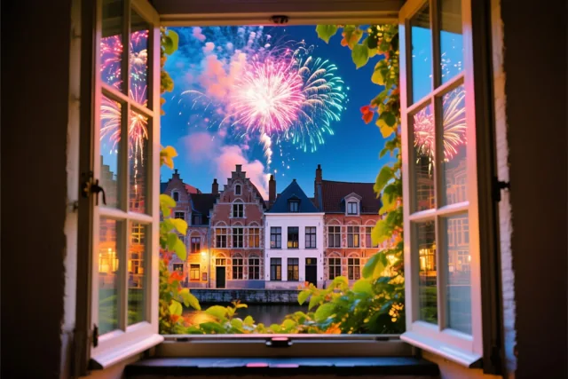 Door een open raam met groen gebladerte is kleurrijk vuurwerk te zien boven de Leie in Gent, met verlichte historische middeleeuwse huizen langs het water.