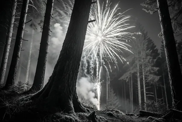 Op een zwart-witfoto licht vuurwerk de nachtelijke hemel boven een mistige bosrand op, met hoge bomen aan weerszijden.