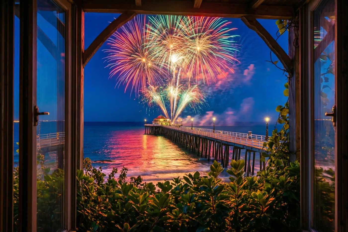 Door een houten raam is een pier in zee te zien onder rood, groen en geel vuurwerk dat weerspiegelt op het water.