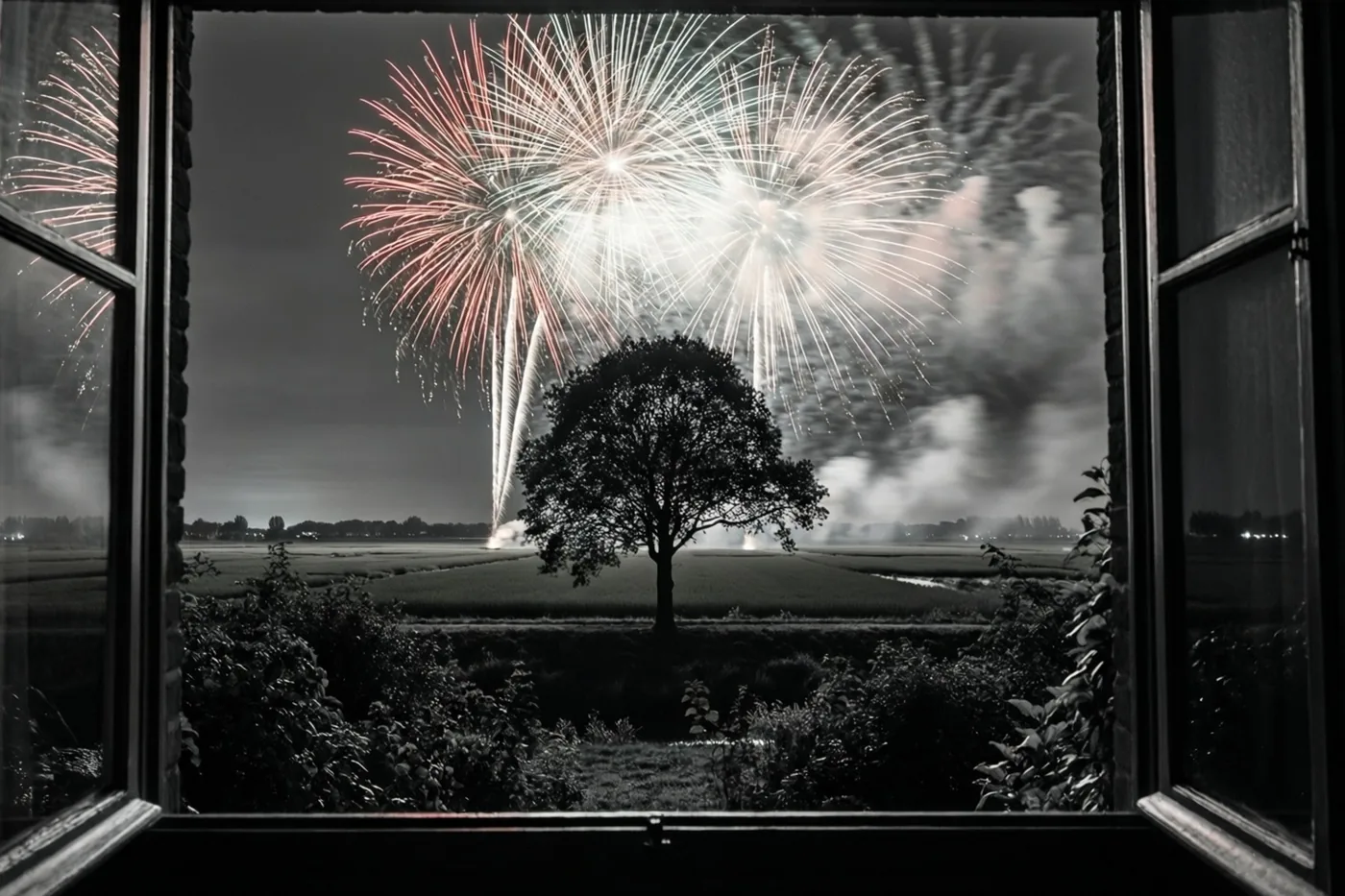 Door een open raam is kleurrijk vuurwerk boven een weids polderlandschap met een enkele boom te zien, terwijl de rest van het beeld in zwart-wit is weergegeven.