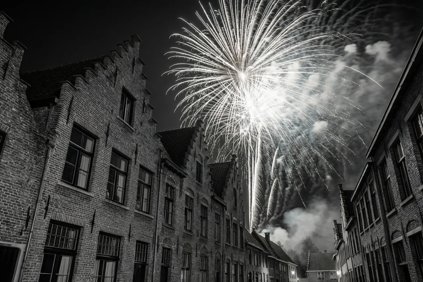 Een zwart-witfoto toont fel vuurwerk boven een smalle straat met bakstenen rijhuizen met trapgevels tegen een donkere nachthemel.