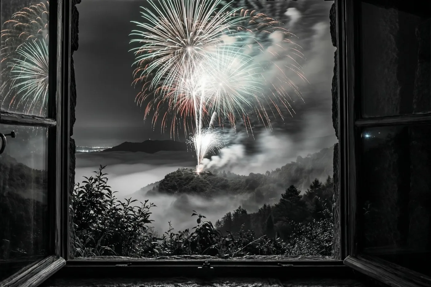 Een open raam met donker hout omlijst een nachtelijke mistige vallei in monochrome tinten, met wit, groen en rood vuurwerk erboven.