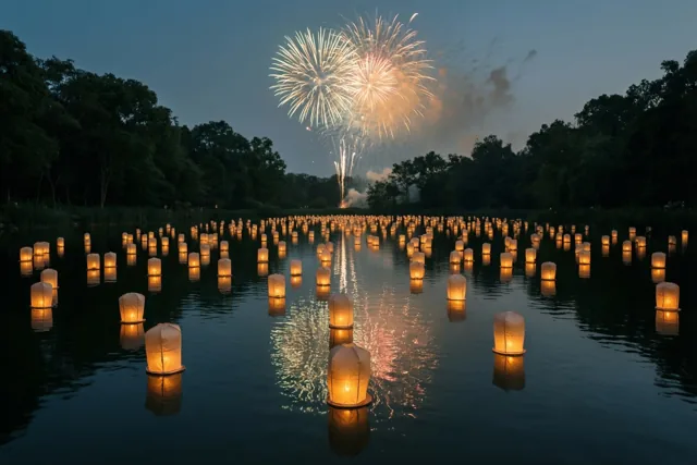 Boven een vijver met drijvende papieren lantaarns barst vuurwerk open, dat in het water weerspiegelt tussen donkere bomen onder een schemerhemel.