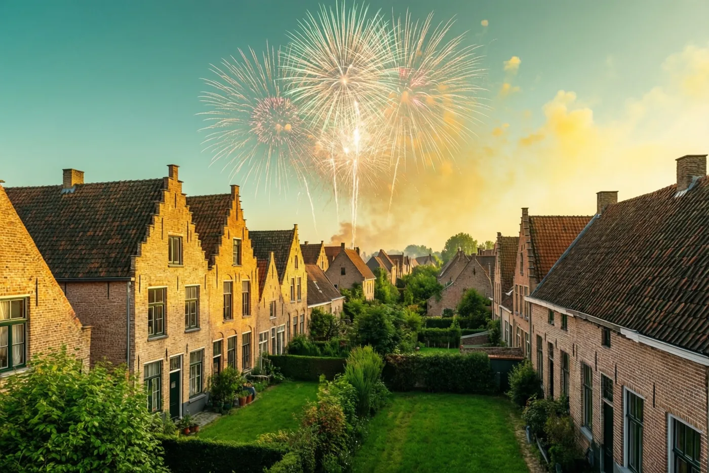 Vuurwerk barst los boven een rij traditionele bakstenen huizen met trapgevels in een Vlaams dorp, met een warme gouden gloed en groen op de voorgrond.