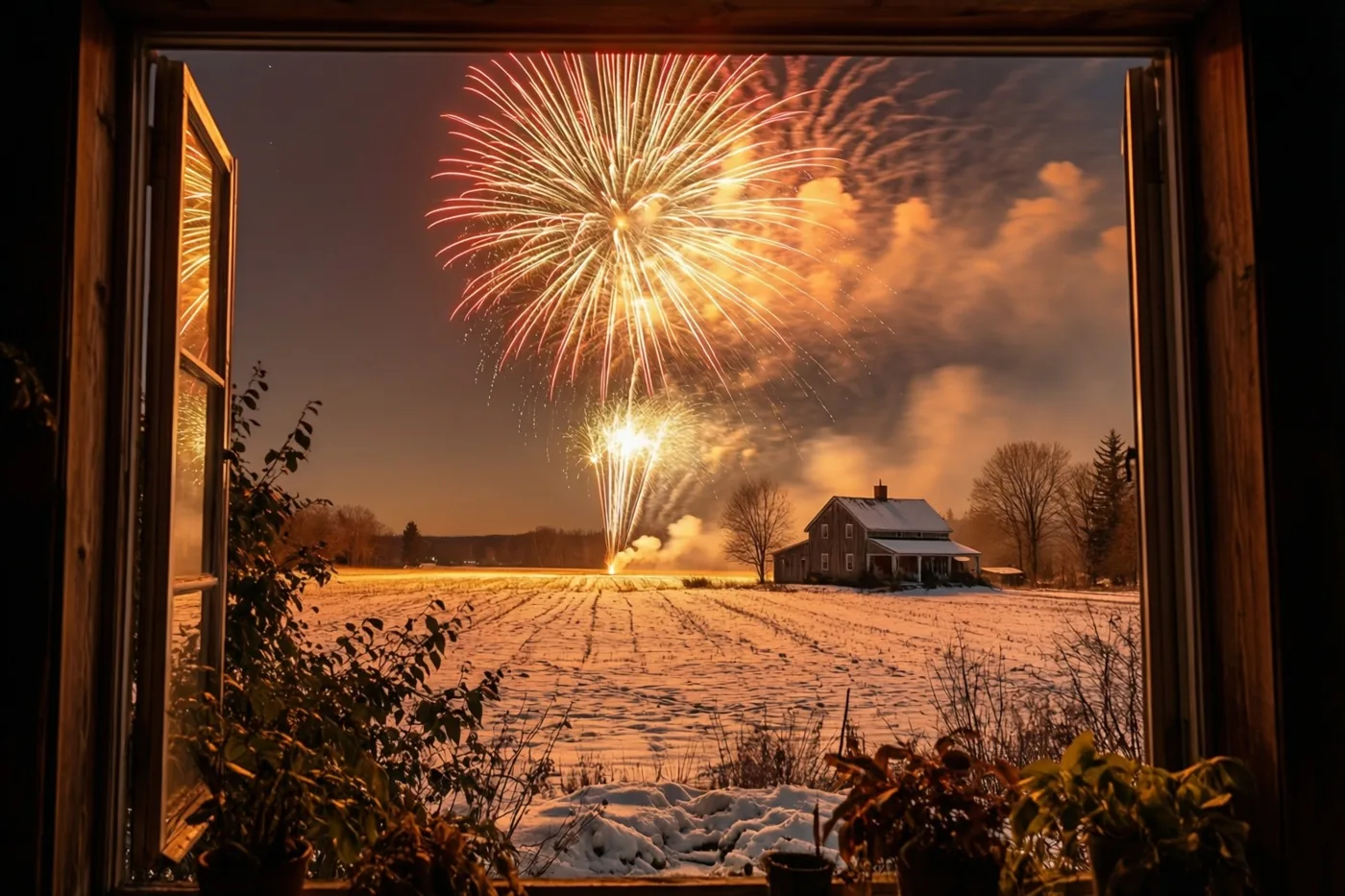 Door een open raam in een warm verlichte kamer is vuurwerk te zien boven een besneeuwd veld met een afgelegen boerderij.