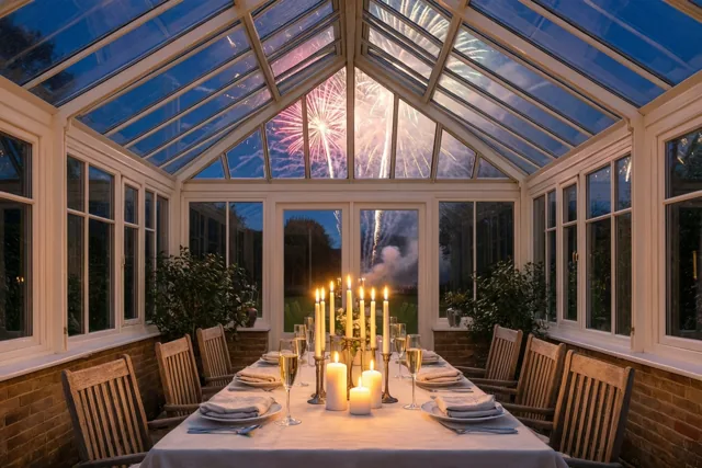 Een lange eettafel met kaarsen en champagneglazen staat in een glazen veranda, met vuurwerk door het dak zichtbaar tegen een donkerblauwe nachthemel.