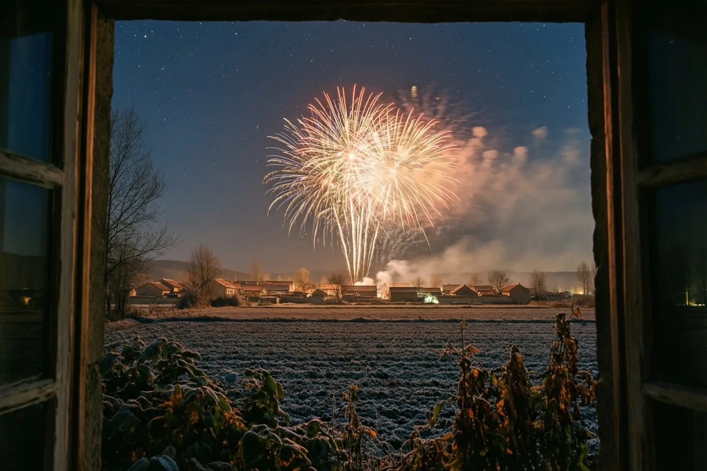 Door een houten raamkader is vuurwerk te zien boven berijpte akkers en dorpsdaken in de verte, onder een sterrenhemel.