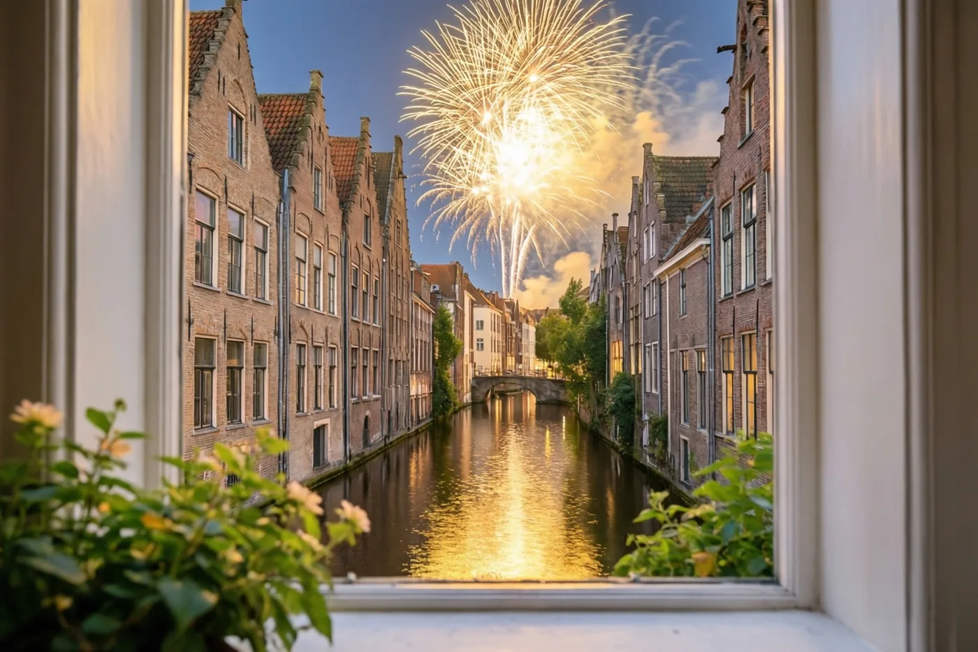 Een raam met potplanten omlijst het zicht op gouden vuurwerk boven een vaart met historische trapgevelhuizen en glinsterende weerspiegelingen in het water.