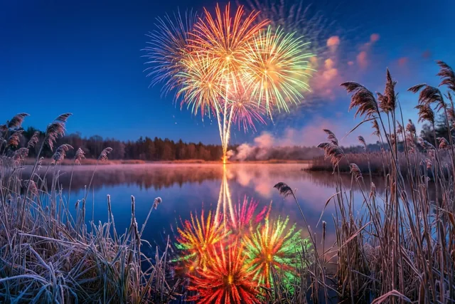 Kleurrijk vuurwerk weerspiegelt in een rustig meer, met berijpt riet op de voorgrond en een diepblauwe schemerhemel erboven.