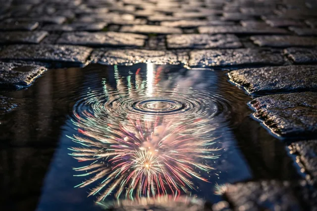 Kleurrijk vuurwerk weerspiegelt in een plas op natte, donkere kasseien, met rimpels die de lichtpatronen vervormen.