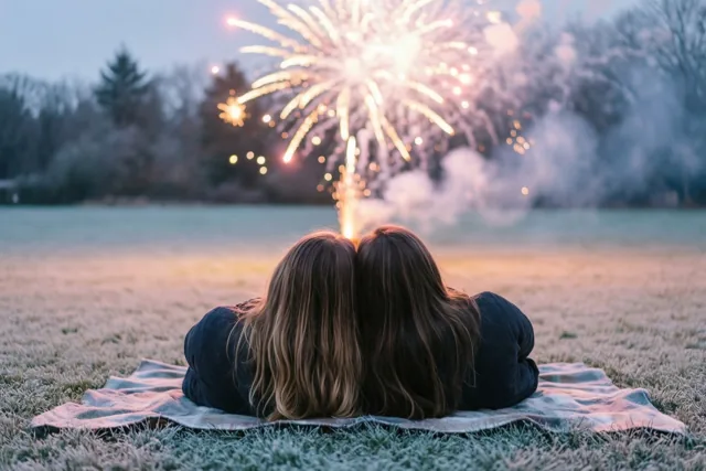 Twee mensen liggen van achteren gezien op een deken op een berijpt gazon en kijken naar vuurwerk in de schemering met blauwe en gouden tinten.