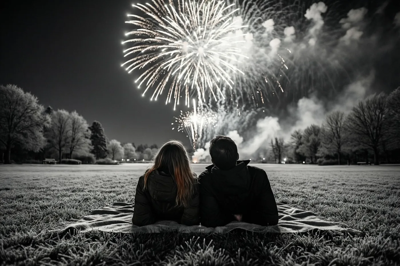 Op een zwart-witfoto zitten twee mensen van achteren gezien op een deken op een berijpt gazon terwijl ze naar vuurwerk kijken.