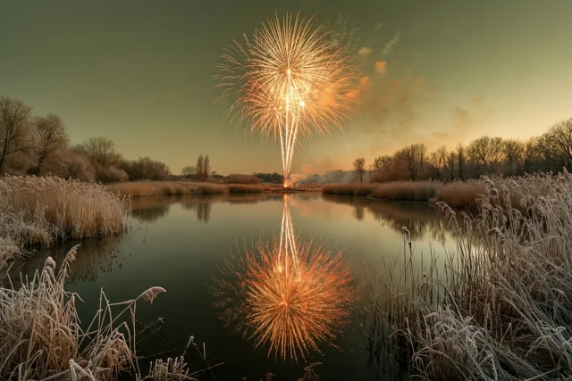 Vuurwerk weerspiegelt in een kalm meer, omringd door berijpt riet en kale bomen onder een schemerige hemel.