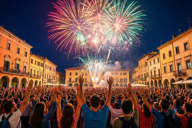 Een grote menigte heft op een stadsplein de armen naar vuurwerk onder een donkerblauwe lucht, tussen historische gebouwen met gele en oranje gevels.