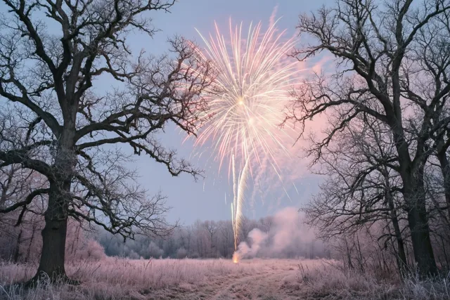 Vuurwerk verlicht een berijpt veld tussen de kale takken van twee grote eiken in koele blauwe en roze tinten.