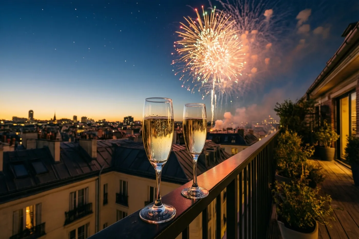 Twee champagneglazen staan op de leuning van een dakterras, met vuurwerk in de donkerblauwe avondlucht en goudkleurige stadslichten eronder.