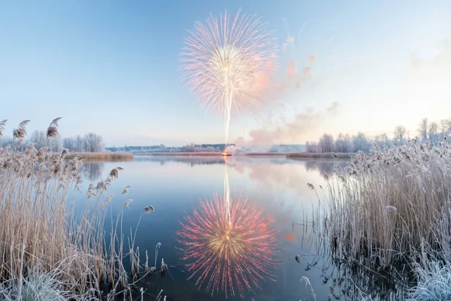 Kleurrijk vuurwerk weerspiegelt in een kalm meer met berijpt riet langs de oevers onder een helderblauwe hemel.