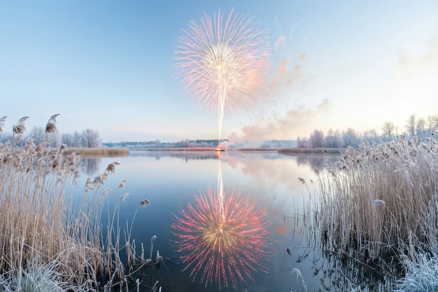 Kleurrijk vuurwerk weerspiegelt in een kalm meer met berijpt riet langs de oevers onder een helderblauwe hemel.