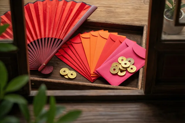 Door een houten raam is een rode zijden waaier te zien naast waaiervormig geschikte rode enveloppen en gouden munten op een houten dienblad, met planten op de voor- en achtergrond.